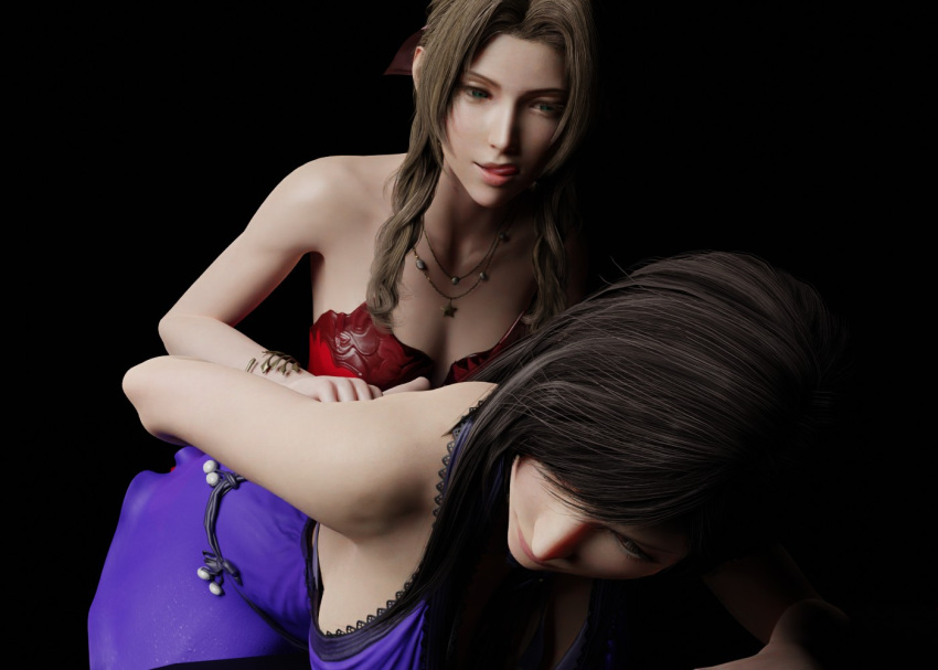 2girls 3d aerith_gainsborough arms_behind_back bent_over black_background black_hair brown_hair final_fantasy final_fantasy_vii final_fantasy_vii_remake gentlegiant_s horny imminent_sex large_breasts licking_lips restrained tifa_lockhart yuri