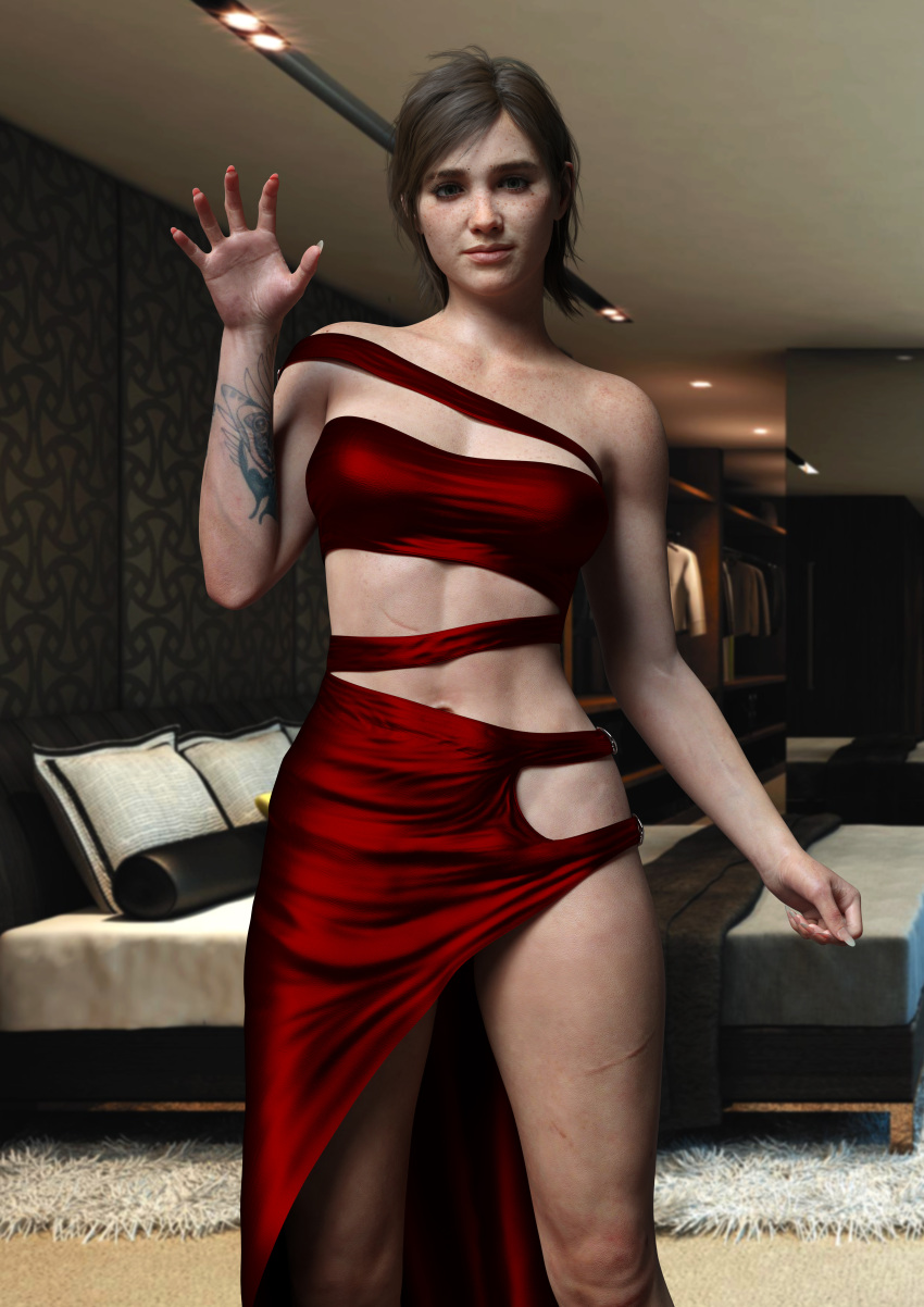 3d athletic athletic_female blue_eyes breasts brown_hair dress ellie_(the_last_of_us) ellie_williams female female_focus female_only hourglass_figure naughty_dog pinup pinup_pose skimpy skimpy_clothes skimpy_dress small_breasts solo tattoo the_last_of_us the_last_of_us_2 viaphobia wide_hips