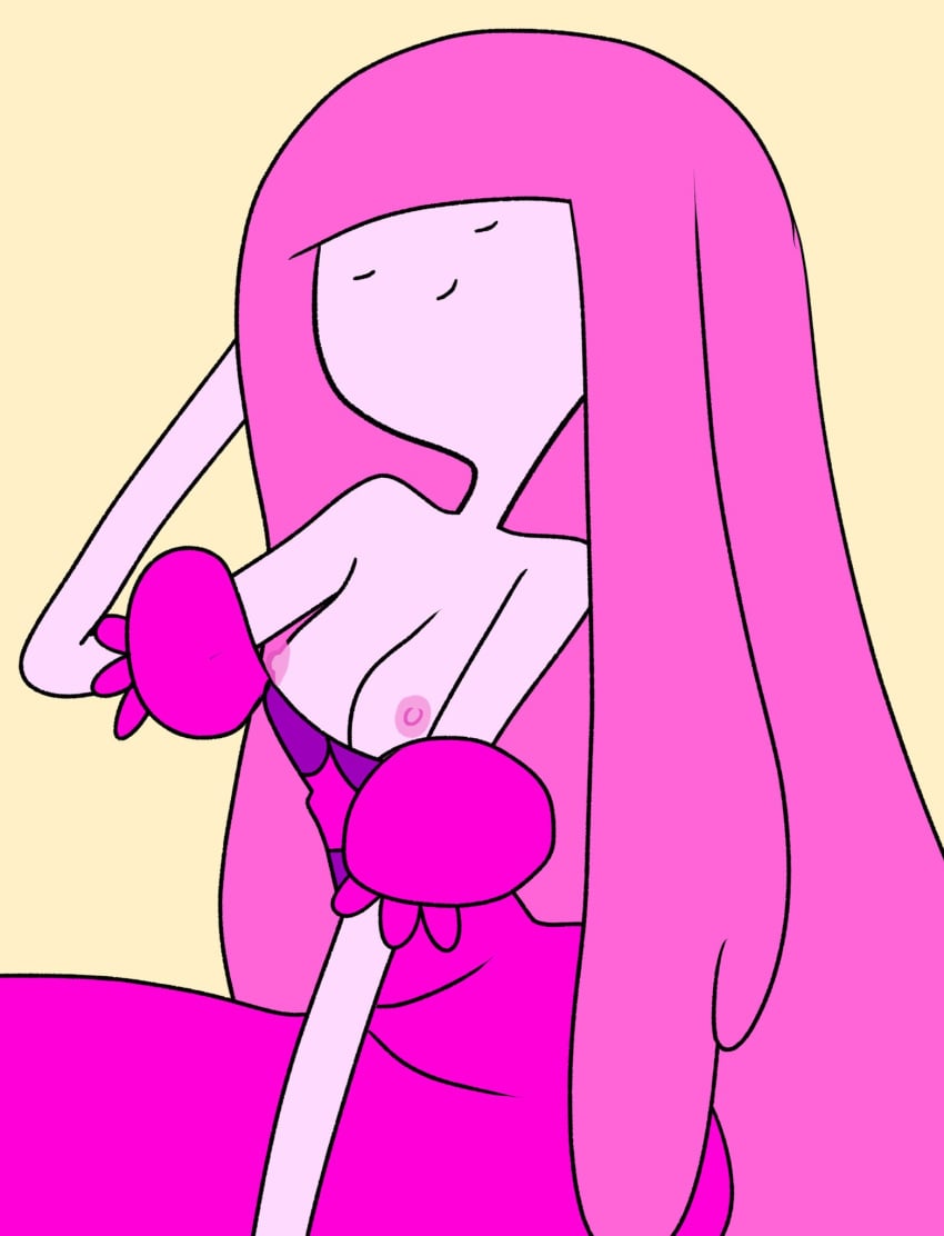 1girls 2020 accurate_art_style adventure_time almost_naked areolae breasts cartoon_network closed_eyes dress dress_down drpizzaboi1 female_focus flashing_breasts hand_on_hair long_hair nipples official_style pinup princess_bubblegum skinny slim small_breasts smiling solo solo_focus teasing_viewer