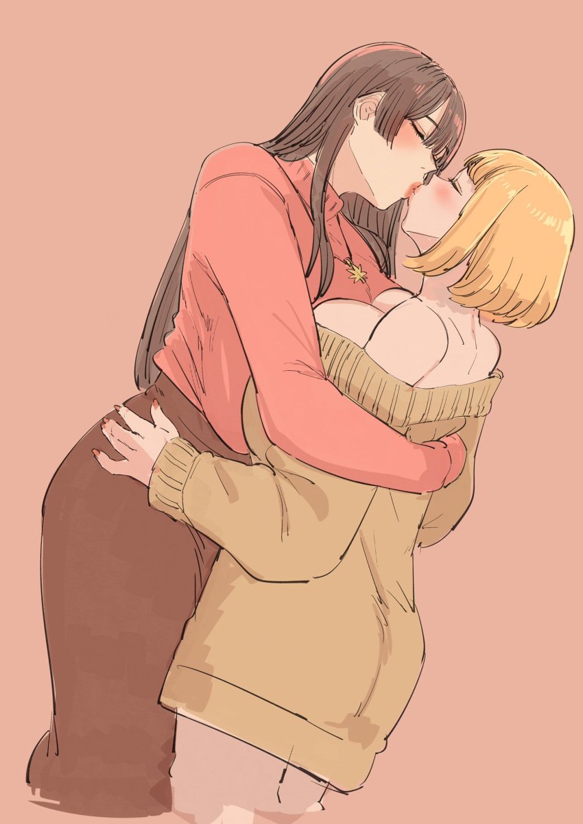 2girls bangs blonde_hair blush bob_cut breast_press breasts brown_hair closed_eyes cropped_legs dutch_angle female female_only from_side hair_between_eyes highres huge_breasts kissing light_brown_background long_hair medium_hair multiple_girls original pink_lips simple_background symmetrical_docking tsukiyama_ytk wholesome yuri