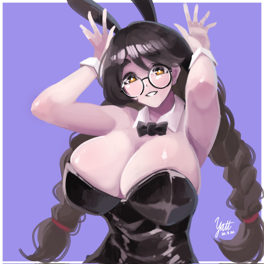 big_breasts black_hair bunny_ears bunny_suit cleavage happy looking_at_viewer shiny sketch susu-chan tagme white_skin yellow_eyes