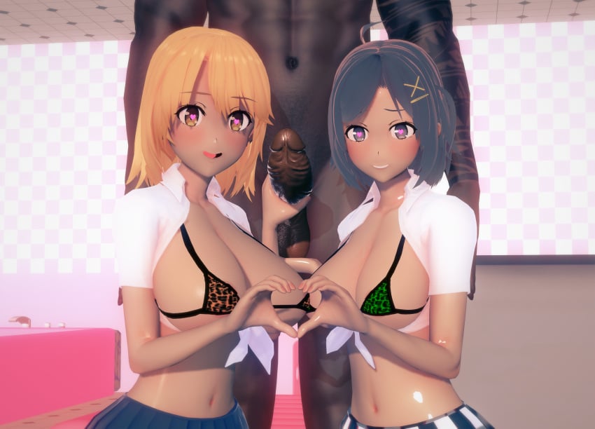 1boy 2girls 3d alternate_hairstyle alternate_version_available bra dark-skinned_male female gyaru heart-shaped_pupils heart_hands hikigaya_komachi interracial koikatsu looking_at_viewer male multiple_girls my_teen_romantic_comedy_snafu nisyadotti pink_hair symbol-shaped_pupils yuigahama_yui