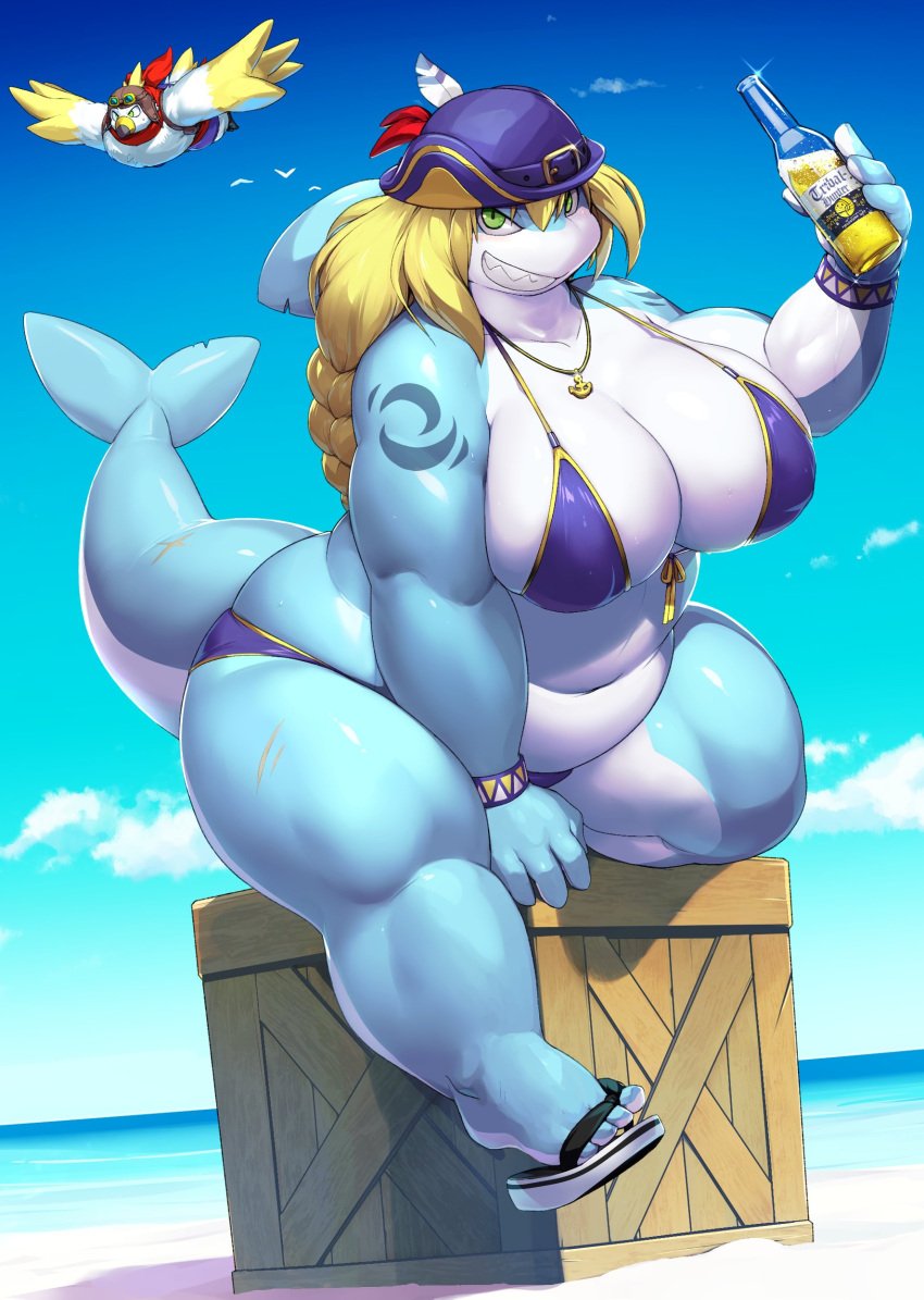 1girls alcohol ass big_ass big_breasts bird breasts chubby chubby_belly chubby_female drink female female_only killsha_(tribal_hunter) kitora massive_breasts muscles overweight overweight_female pirate pirate_hat sandals shark shark_tail sharp_teeth smile solo tail thick_thighs toothy_grin tribal_hunter