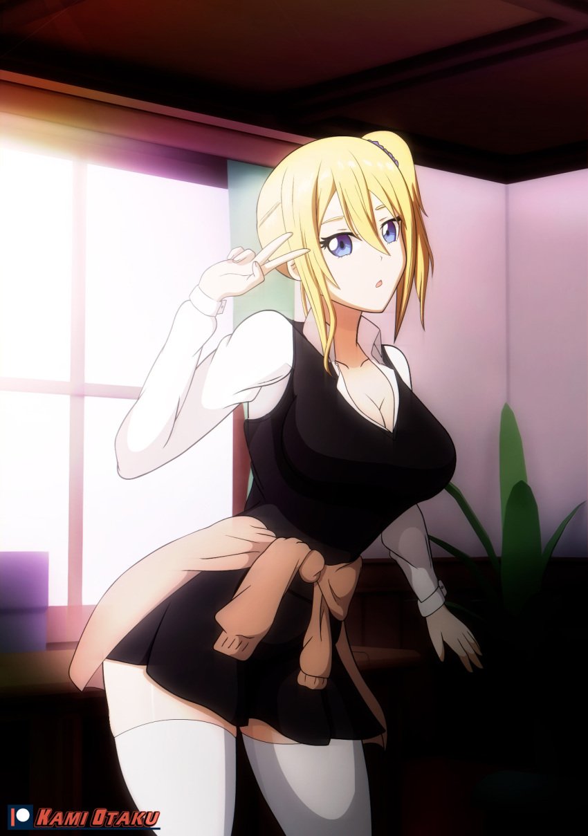 1girls blonde_hair blue_eyes breasts cleavage hair_ornament hayasaka_ai hayate_no_gotoku! highres huge_breasts kaguya-sama_wa_kokurasetai_~tensai-tachi_no_renai_zunousen~ kami_otaku legwear looking_at_viewer side_ponytail solo standing sweater sweater_around_waist thick_thighs thighhighs white_legwear