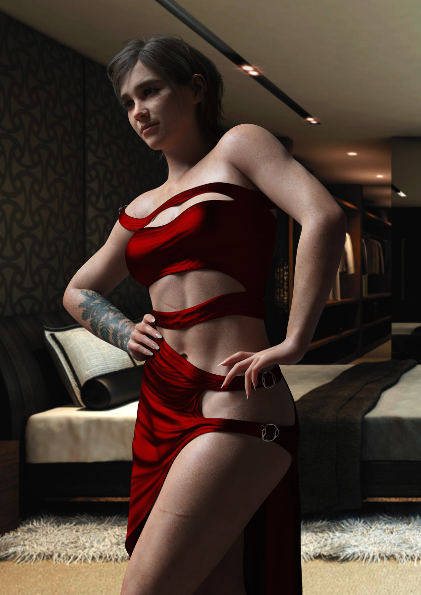 3d athletic athletic_female blue_eyes breasts brown_hair dress ellie_(the_last_of_us) ellie_williams female female_focus female_only hourglass_figure naughty_dog pinup pinup_pose skimpy skimpy_clothes skimpy_dress small_breasts solo tattoo the_last_of_us the_last_of_us_2 viaphobia wide_hips