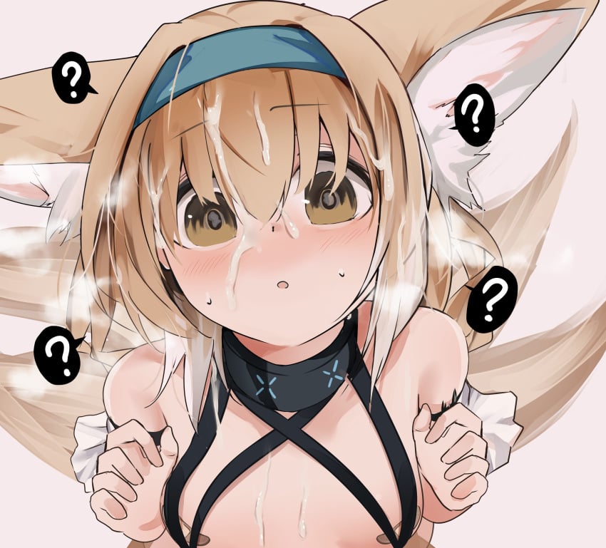 :o ? absurdres animal_ears arknights bandaid bandaids_on_nipples bangs bare_shoulders blonde_hair blue_hairband blush brown_eyes collar cum cum_on_hair empty_eyes facial female flat_chest fox_ears fox_girl fox_tail gradient_hair hairband hand_up highres infection_monitor_(arknights) kokihanada long_hair multicolored_hair multiple_tails open_mouth oripathy_lesion_(arknights) parted_lips pasties simple_background solo speech_bubble spoken_question_mark steaming_body straight suzuran_(arknights) tail upper_body white_background white_hair