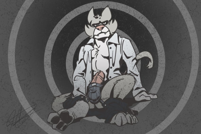 3_toes 5_fingers anthro boxers cat_humanoid fangs grey_fur jackbox_games large_nose large_snout male mayonnaise_(jackbox) pants_down pawpads peeking_dick signature sitting spiral_background split_the_room stare tail the_jackbox_party_pack_5 unbuttoned_shirt zeiroslion