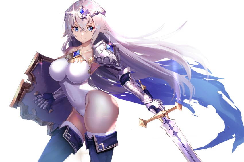 armor blue_eyes female gauntlets hachirobe leotard long_hair shield solo sword weapon