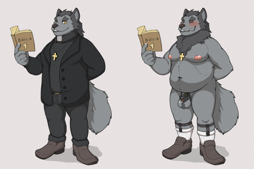 alebehemut anthro balls bible blush canid canine canis chastity_device clothed clothing cross cross_necklace footwear footwear_only genitals grin hand_behind_back hi_res jewelry looking_at_viewer male male_only mammal mostly_nude navel necklace nipples nude pecs priest shoes shoes_only simple_background slightly_chubby smile solo straight_hair white_background wolf