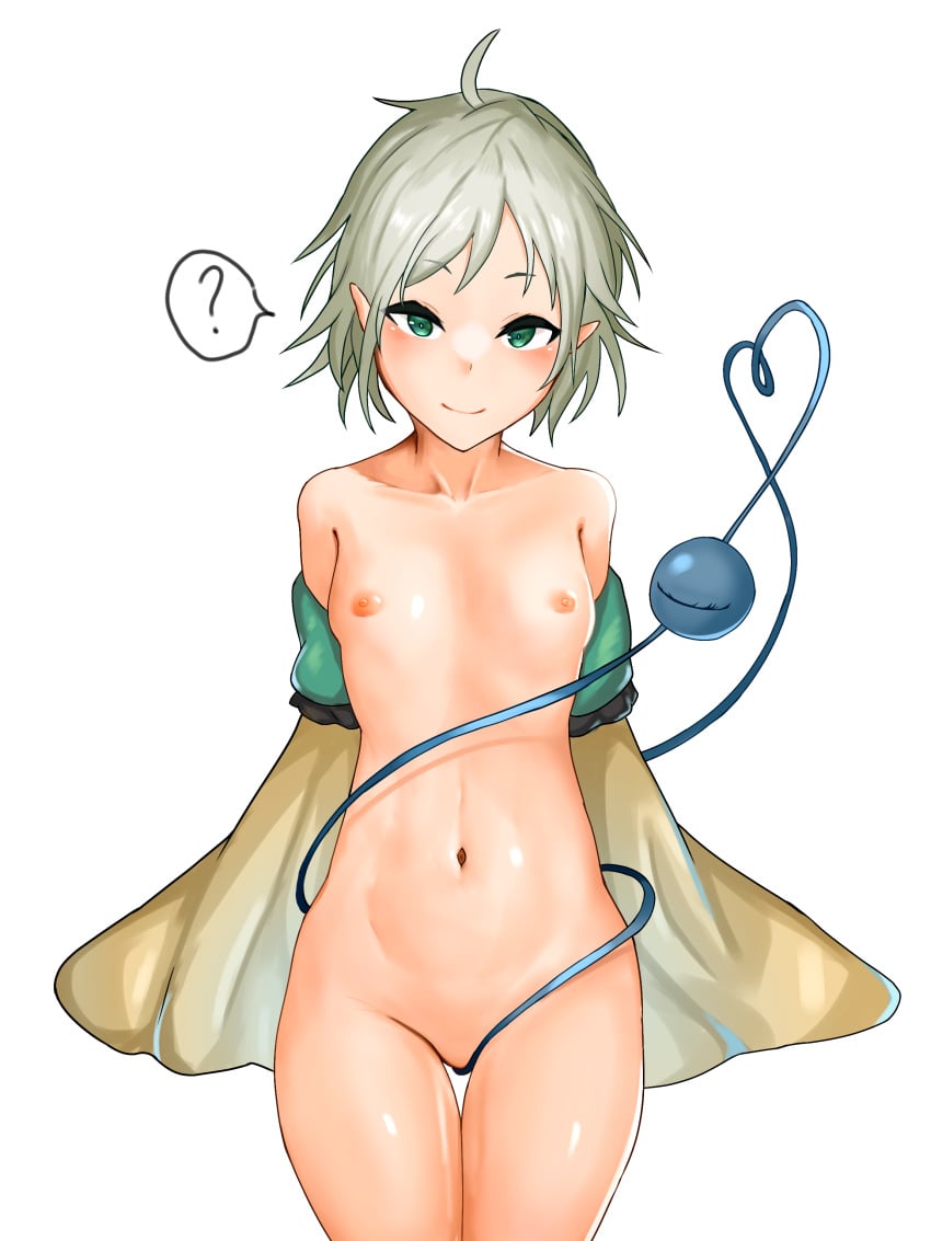 1girls ? absurdres ahoge breasts closed_mouth cowboy_shot female green_eyes green_hair groundground222 heart_o-ring highres koishi_day koishi_komeiji komeiji_koishi light-skinned_female light_skin looking_at_viewer navel nipples pointy_ears short_hair simple_background small_breasts smile solo spoken_question_mark standing third_eye touhou white_background