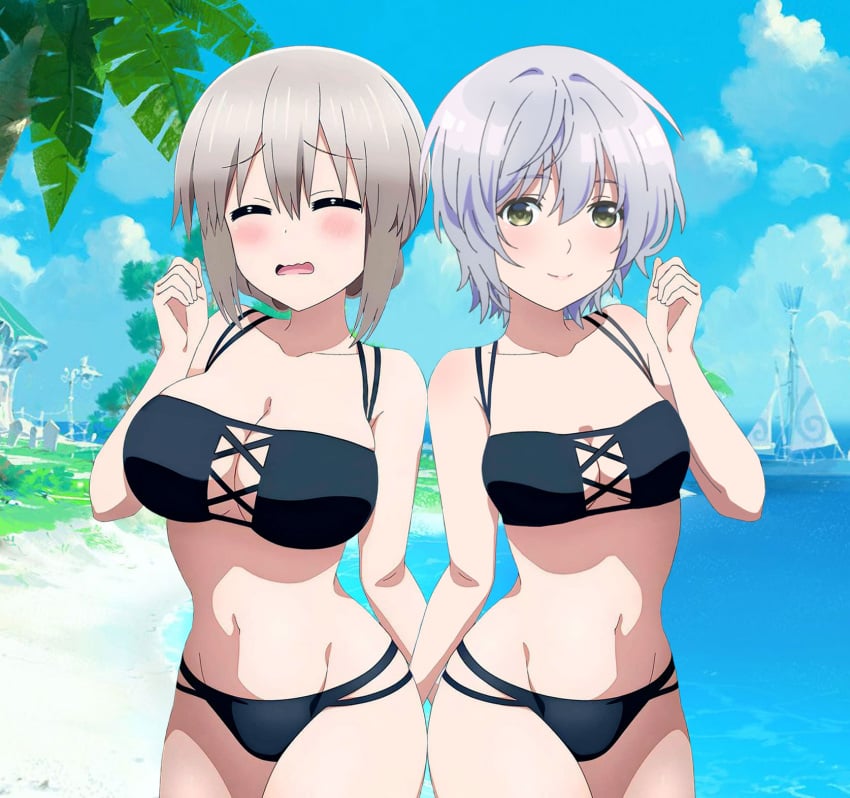 2girls adult age_difference bare_legs bare_shoulders beach bikini black_bikini blush breast_size_difference breasts cleavage closed_eyes collarbone crossover green_eyes highres jaku-chara_tomozaki-kun kikuchi_fuuka large_breasts looking_at_viewer mature_female medium_breasts multiple_girls older_female short_hair side-by-side silver_hair smile standing swimsuit teenager third-party_edit uzaki-chan_wa_asobitai! uzaki_tsuki younger_female