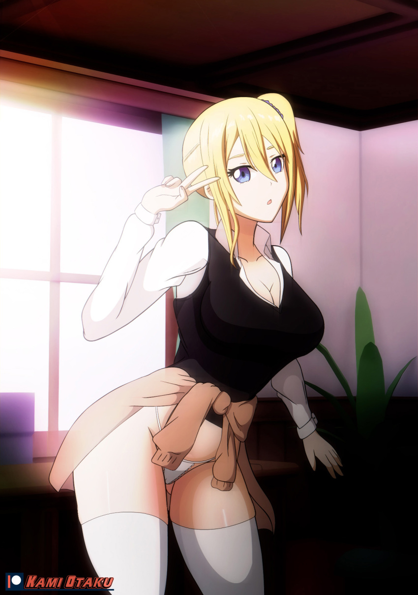 1girls blonde_hair blue_eyes breasts cleavage hair_ornament hayasaka_ai highres huge_breasts kaguya-sama_wa_kokurasetai_~tensai-tachi_no_renai_zunousen~ kami_otaku legwear looking_at_viewer panties side_ponytail solo standing sweater sweater_around_waist thick_thighs thighhighs white_legwear