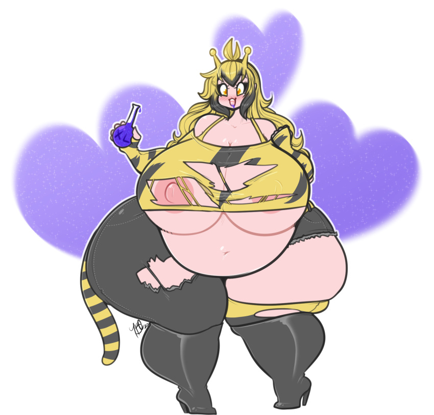 bbw big_belly blonde_hair blush breast_expansion breast_growth electabuzz female heels huge_breasts humanized humanized_pokemon long_hair obese overweight pokemon pokemon_rgby solo tail tehbuttercookie thigh_boots torn_legwear what yellow_eyes