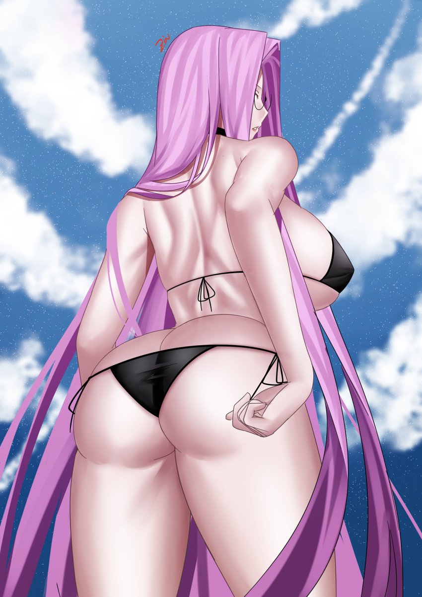 2d ass big_ass bra fate/stay_night fate_(series) female glasses light-skinned_female long_hair medusa_(fate) panties sky solo swimsuit zinfian