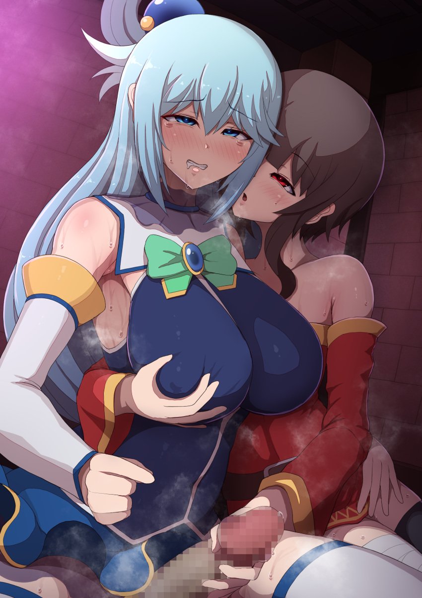 1futa 1girls aqua_(konosuba) armpits bare_shoulders big_breasts big_penis black_stocking blue_eyes blue_hair blue_skirt blush bottomless breast_grab breast_squeeze breasts brown_hair censored cleavage clothed clothing cowgirl_position dark_penis darkened_genitalia duo erection female futa_on_female futanari goddess hair_between_eyes handjob huge_breasts human kono_subarashii_sekai_ni_shukufuku_wo! light-skinned_female light-skinned_futanari light_skin long_hair long_sleeves megumin miniskirt mosaic_censoring musk musk_clouds musky_cock one_stocking penis ponpo ponponmaru ponytail red_eyes skirt sleeves_past_elbows small_breasts spread_legs sweat thick_thighs thighhighs thighs white_legwear white_sleeves white_stockings wide_hips