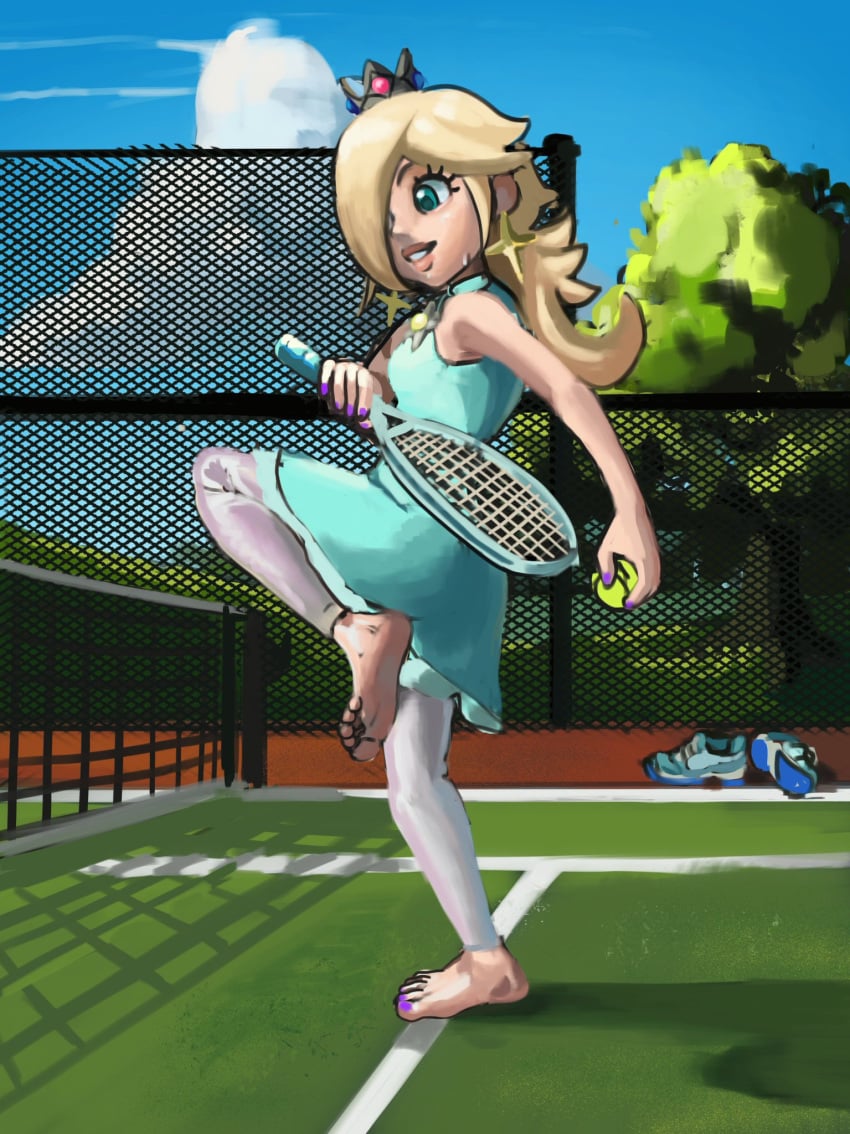 1girls 2d 2d_(artwork) 5_toes barefoot feet feet_up female female_focus female_only foot_fetish foot_focus jae-yo mario_(series) mario_tennis nintendo painted_nails painted_toenails princess_rosalina shoes shoes_removed soles sweat sweatdrop sweating sweaty sweaty_body tennis tennis_ball tennis_court tennis_racket tennis_uniform toe_curl toenail_polish toes