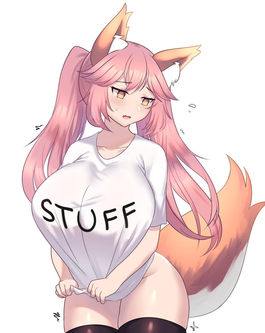 1girls blush breasts brown_fur embarrassed fate/extra fate/grand_order fate_(series) female fluffy_ears fluffy_tail fox_ears fox_girl fox_tail hi_res hips huge_breasts jifuwabe kemonomimi kitsune large_breasts light-skinned_female light_skin long_hair pink_hair shirt t-shirt t-shirt_only tail tamamo_no_mae_(fate) text_on_clothing thick_thighs thighs wide_hips yellow_eyes