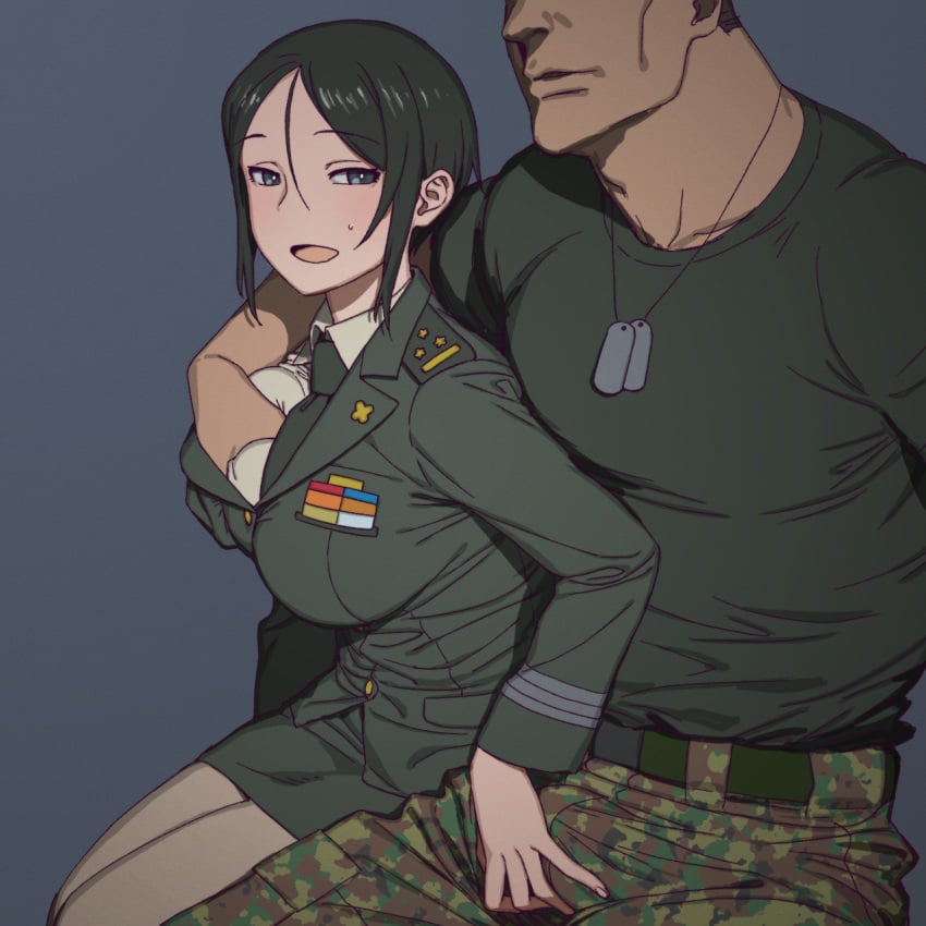 1boy 1girls black_hair blush breast_grab breasts bulge chouno_ami crotch_grab crotch_rub girls_und_panzer grabbing_testicles grope groping groping_breasts groping_through_clothes horny horny_female imminent_sex military military_jacket military_uniform miniskirt onsen_tamago_(hs_egg) penis_grab skirt