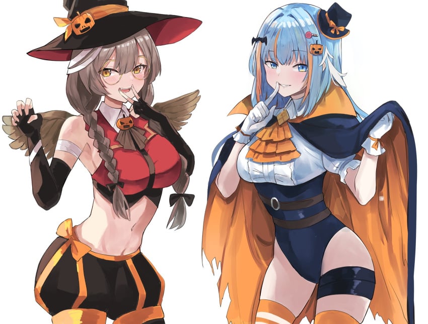 2girls akio_air_corporation athena_nightingale bird_girl black_gloves blue_eyes blue_hair blush brown_hair cape clothed clothing female female_only fingerless_gloves fully_clothed fuyumi_toba glasses gloves hair_ornament halloween hat indie_virtual_youtuber kingfisher_girl light-skinned_female light_skin looking_at_viewer orange_hair owl_girl pineapplelava round_glasses simple_background two_tone_hair vampire_costume virtual_youtuber white_background white_gloves wings witch_costume witch_hat yellow_eyes