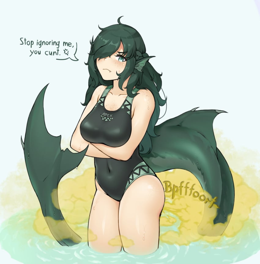 1girls angry arms_crossed_under_breasts belly_button fart fart_cloud farting female female_only fish_tail freckles green_eyes green_hair loch_ness_monster nessie_(sandufabur) oerba_yun_fang pixiv raki991 swimsuit text text_bubble vulgar water white_background