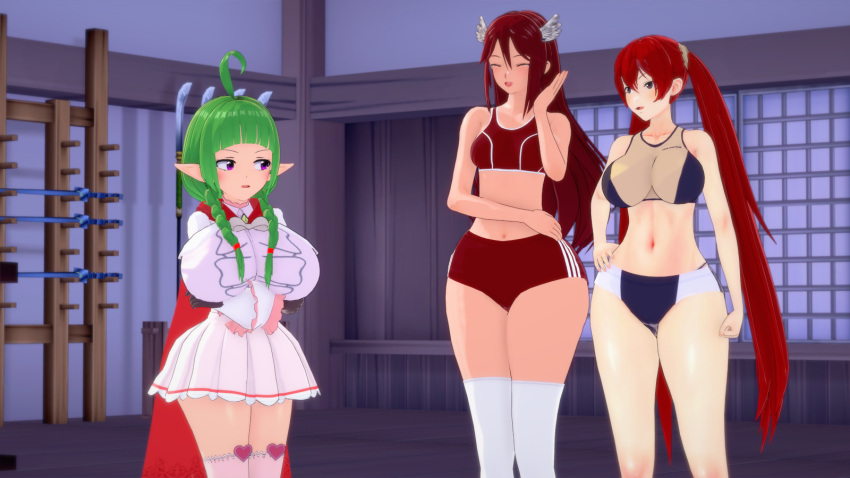 3d 3girls ahoge alternate_breast_size braided_hair brown_eyes cape cordelia_(fire_emblem) dojo dress female female_only fire_emblem fire_emblem_awakening garter_straps green_hair gym_uniform hair_ornament hairband huge_breasts koikatsu large_breasts long_hair manakete multiple_girls nah_(fire_emblem) nintendo pointy_ears purple_eyes red_hair rhcpftw severa_(fire_emblem) shortstack small_breasts sports_bra stockings thick_thighs thighhighs twintails wide_hips