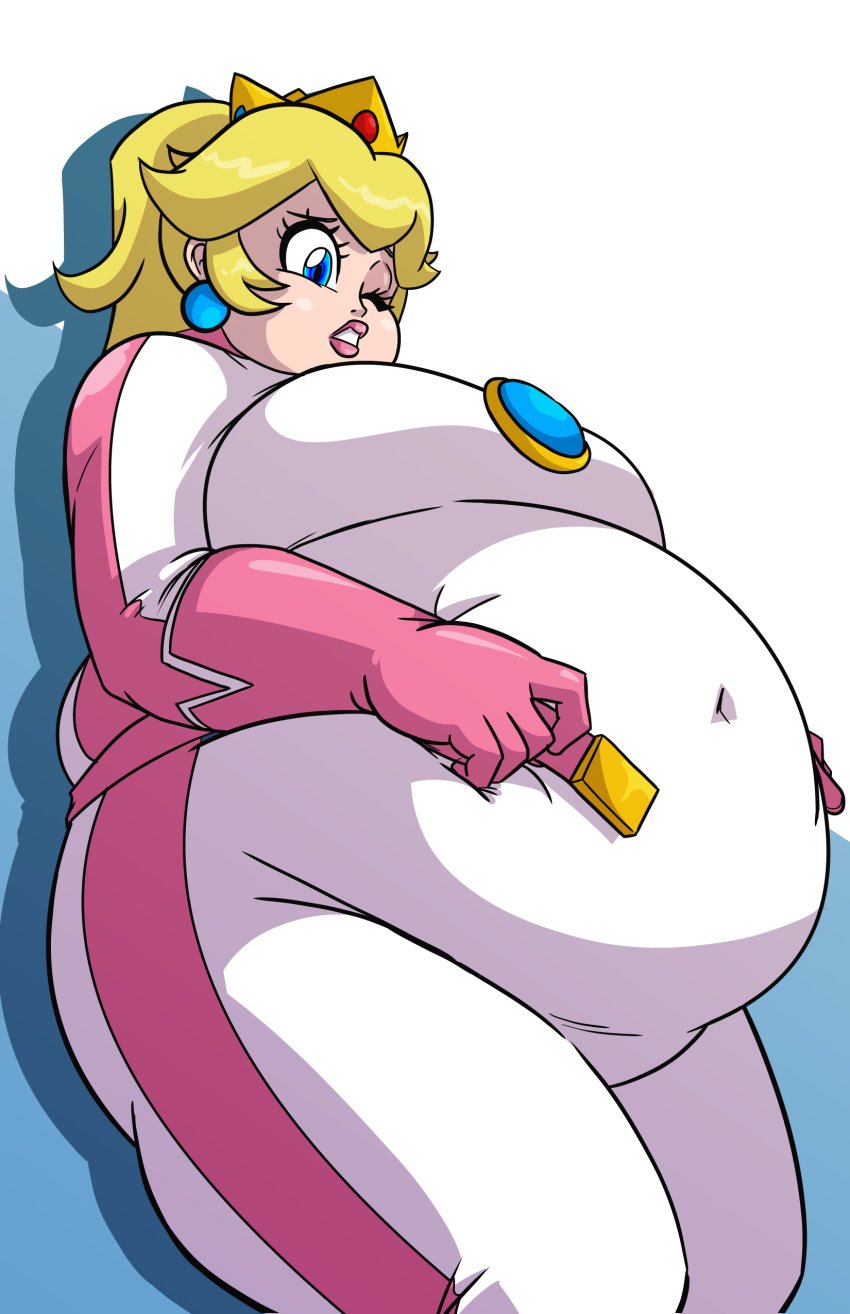 axel-rosered belt_snapping big_belly big_breasts big_butt big_lips blonde_hair clothing fat fat_fetish female handwear headwear huge_ass human jumpsuit large_breasts mario_(series) mario_kart motorcycle_suit overweight overweight_female pale_skin princess_peach struggling_to_fit tight_clothing tight_fit