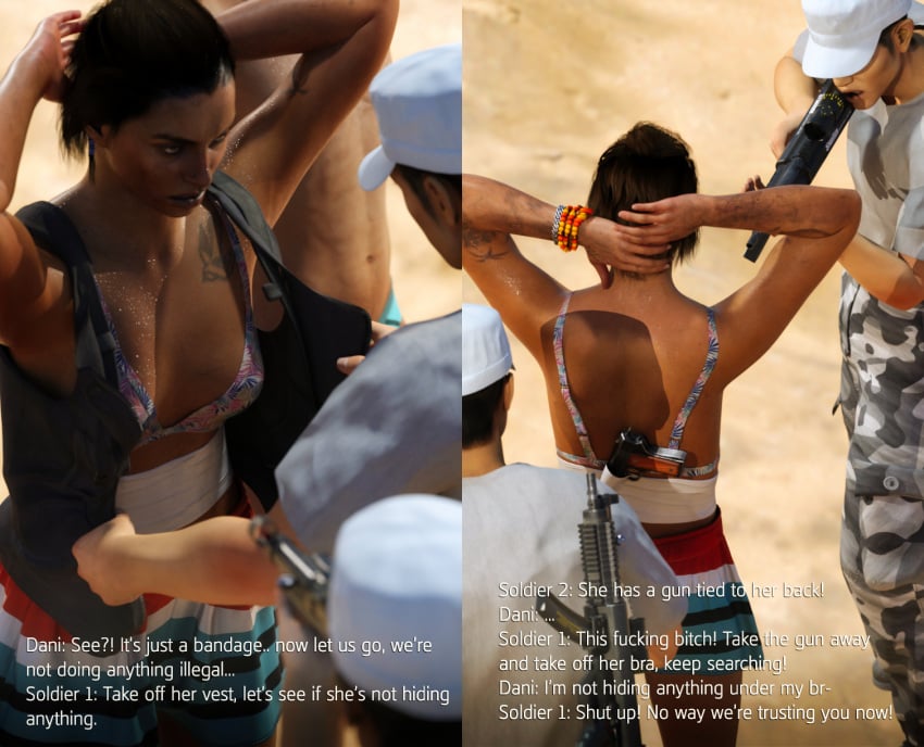 1girls 2boys angry beach bikini_top caspianrover dani_rojas far_cry_6 forced_exposure gun gunpoint swimming_trunks ubisoft vest