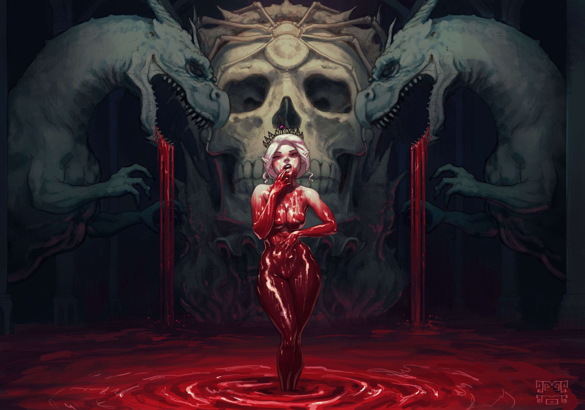 1girls absurd_res blood blood_bath blood_on_face bodily_fluids bonete commission commissioner_upload covered_in_blood crown dragon_statue elf elf_ears female hi_res pale_skin purple_eyes queen royalty sculpture shaheera signature skull solo_focus statue white_hair