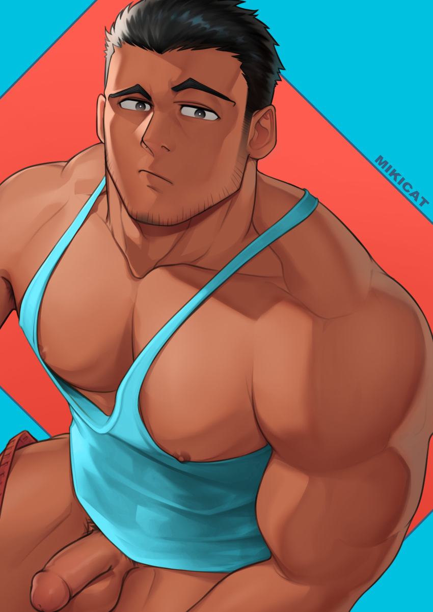 1boy absurdres artist_name bara black_hair blue_tank_top facial_hair flaccid highres large_pectorals looking_at_viewer male_focus mikicat muscular muscular_male nipples original pectorals penis short_hair solo solo_male tank_top testicles