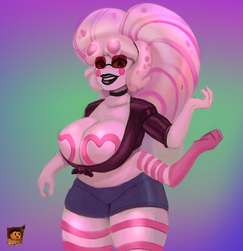 1girls big_breasts breasts choker cleavage curvaceous demon demon_girl female female_only grishnax hazbin_hotel huge_breasts molly_(hazbin_hotel) multi_arm multi_limb pink_fur shorts smile solo solo_female spider_girl spider_humanoid sunglasses thick_thighs vivienne_medrano white_fur wide_hips