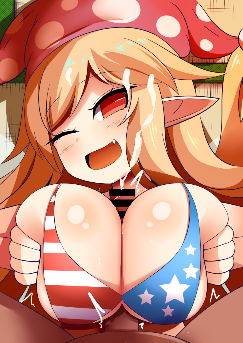 1boy 1girls american_flag american_flag_bikini bikini blonde_hair breasts clownpiece cum female hat huge_breasts jester_cap male paizuri pointy_ears pov red_eyes straight touhou xialu_zajin
