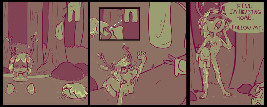 1boy 1girls 2019 adventure_time after_bath antlers barefoot boardmindless branch calling cartoon_network closed_eyes clothes comic convenient_censoring domino_mask english_text eyebrows_visible_through_hair finn_the_human forest full_body grass huntress_wizard inviting leaf_hair leaves navel nude nude_female nude_male o3o outdoors partially_submerged relaxing river rock shocked shocked_expression skinny_dipping skinny_female small_breasts speech_bubble stealing_clothes tree vagina wet_body