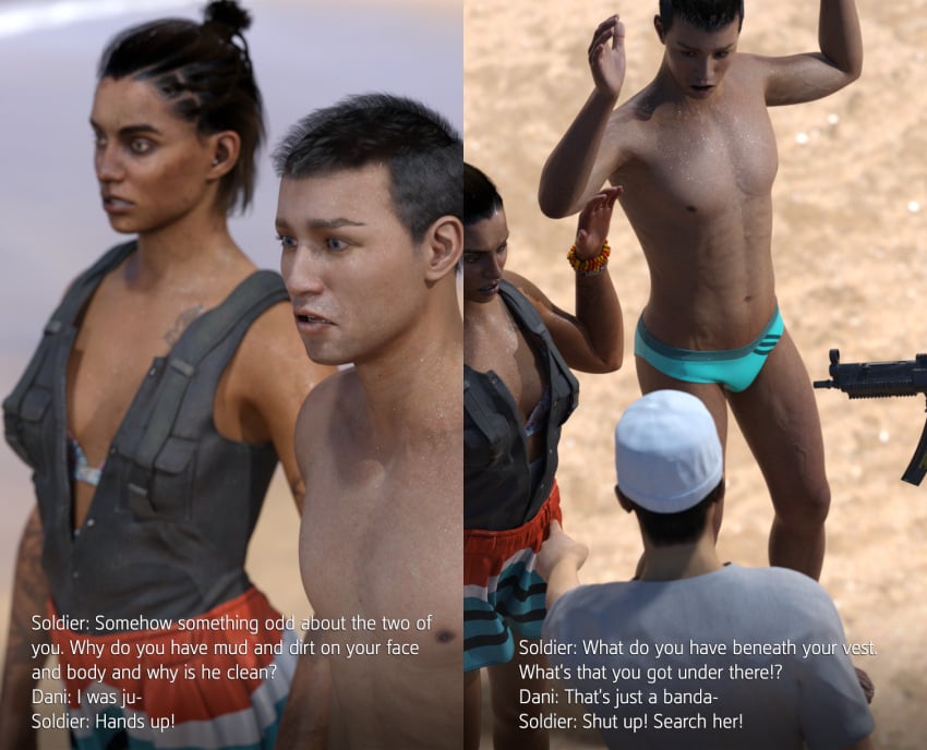 1girls 2boys beach bikini_top dani_rojas far_cry far_cry_6 gun gunpoint swimming_trunks ubisoft vest