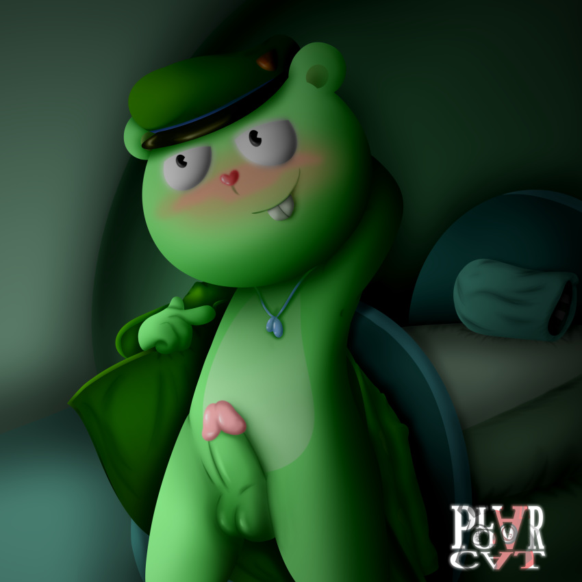 after_sex bear bed bedroom blur_(disambiguation) clothed clothing dark flippy_(htf) happy_tree_friends male male_focus male_only mammal night nude open_shirt penis pinup polarcat_(artist) pose shaded solo