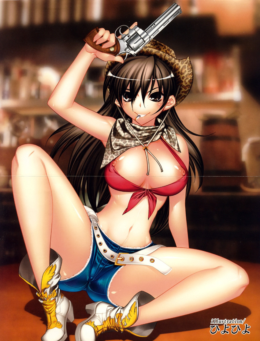 bandana bar belt bikini_top breasts brown_eyes brown_hair cigarette comic_moemax cowboy_boots cowboy_hat firearm gun handgun hat highres hiyohiyo large_breasts long_hair nipples revolver scan scan_artifacts short_shorts shorts smile spread_legs table teeth weapon