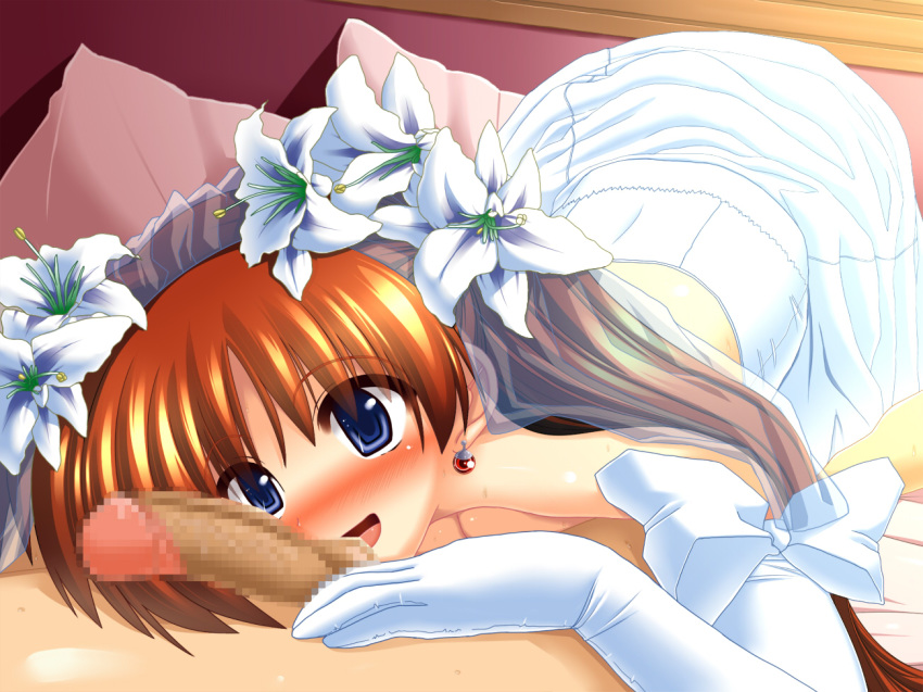 blush bridal_veil bride brown_hair esuesu flower gloves long_hair lyrical_nanoha mahou_shoujo_lyrical_nanoha mahou_shoujo_lyrical_nanoha_strikers nanoha_takamachi penis takamachi_nanoha veil wedding_dress