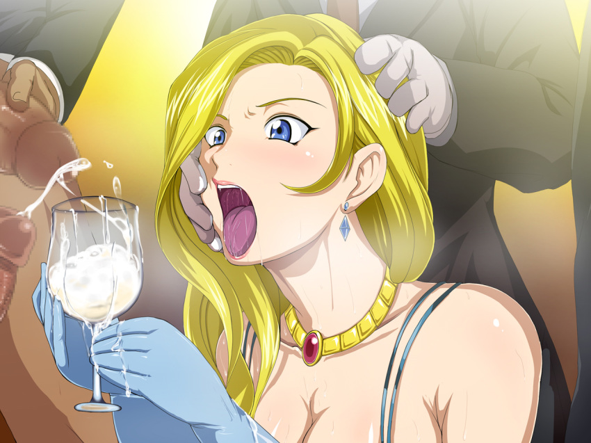 1girls blonde_hair blue_eyes blush censored clothing cum cum_in_container cup dark-skinned_male dark_penis dark_skin earrings elbow_gloves faceless_male gloves glycine_bleumer gokkun imminent_gokkun interracial jewelry long_hair male necklace open_mouth penis raburebo sakura_taisen sakura_taisen_iii sakura_wars saliva wine_glass