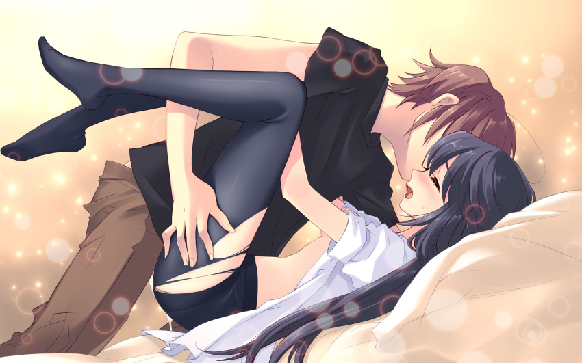 ahoge bed black_hair blush breasts brown_hair closed_eyes clothed_sex couple cum cum_inside cumdrip feet female flyable_heart game_cg glowing highres hug itou_noiji katsuragi_shou kimi_no_nagori_wa_shizuka_ni_yurete legs_up long_hair lying missionary nipples no_bra no_pants no_shoes on_back open_clothes open_mouth open_shirt pantyhose pillow sex shirasagi_mayuri shirt short_hair t-shirt torn_clothes torn_pantyhose vaginal_penetration wallpaper