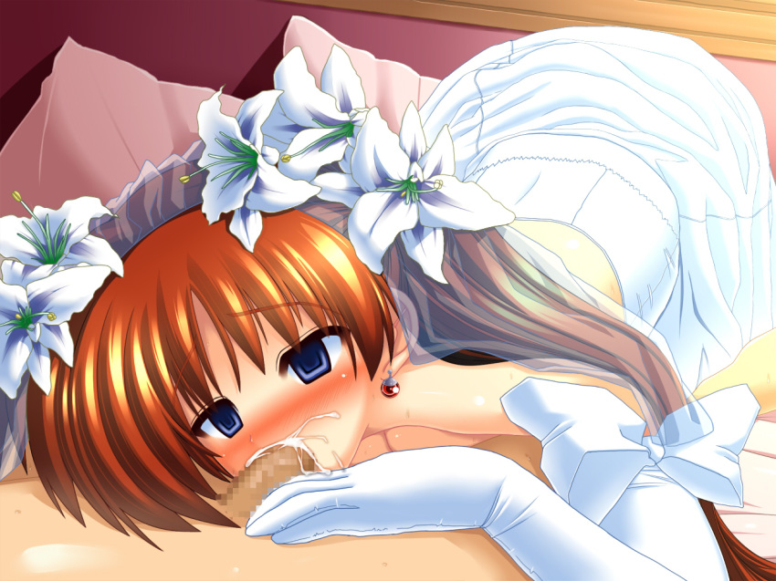 blue_eyes blush bridal_veil bride brown_hair cum esuesu fellatio flower gloves hair long_hair lyrical_nanoha mahou_shoujo_lyrical_nanoha mahou_shoujo_lyrical_nanoha_strikers nanoha_takamachi oral penis takamachi_nanoha veil wedding_dress