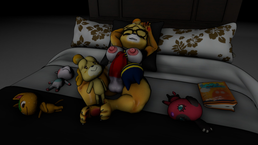 2022 3d animal_crossing ankha ankha_(animal_crossing) bed blanket book breasts cherry_(animal_crossing) chubby chubby_female diana_(animal_crossing) fur furry futanari glasses isabelle_(animal_crossing) naked nintendo nipples nude nude_female pillow self_upload sleeping tail tangy_(animal_crossing)