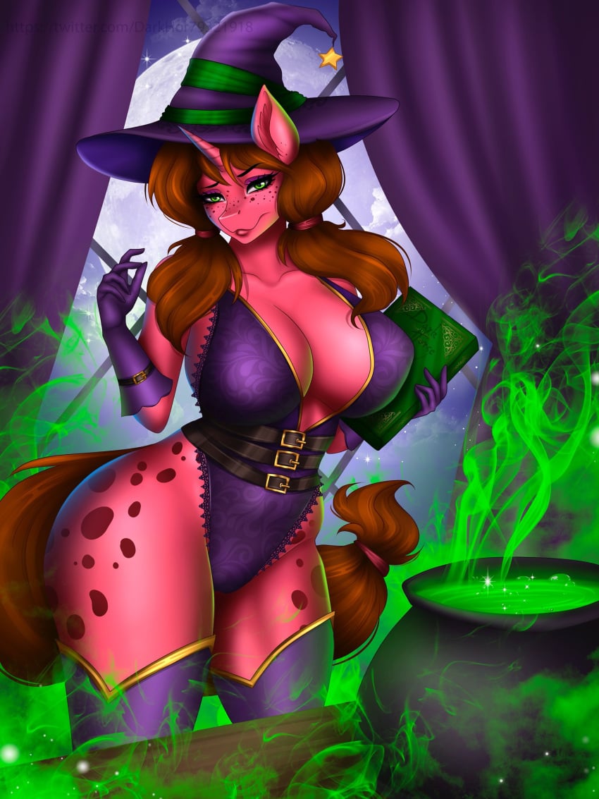 anthro ashimaroo belt big_breasts book cauldron equid equine freckles friendship_is_magic gloves halloween_theme long_boots my_little_pony original_character witch_costume witch_hat