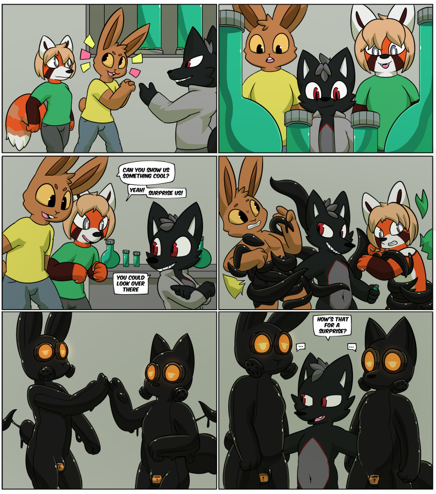 absurd_res ailurid anthro canid canine clothing comic drone dronification fluken_(maxspec) fox fur gojo_preto group hi_res kerot lagomorph latex leporid liquid_latex lock_bulge lock_symbol male mammal null_bulge rabbit red_panda rubber rubber_clothing rubber_suit transformation trio v0ya93r visor