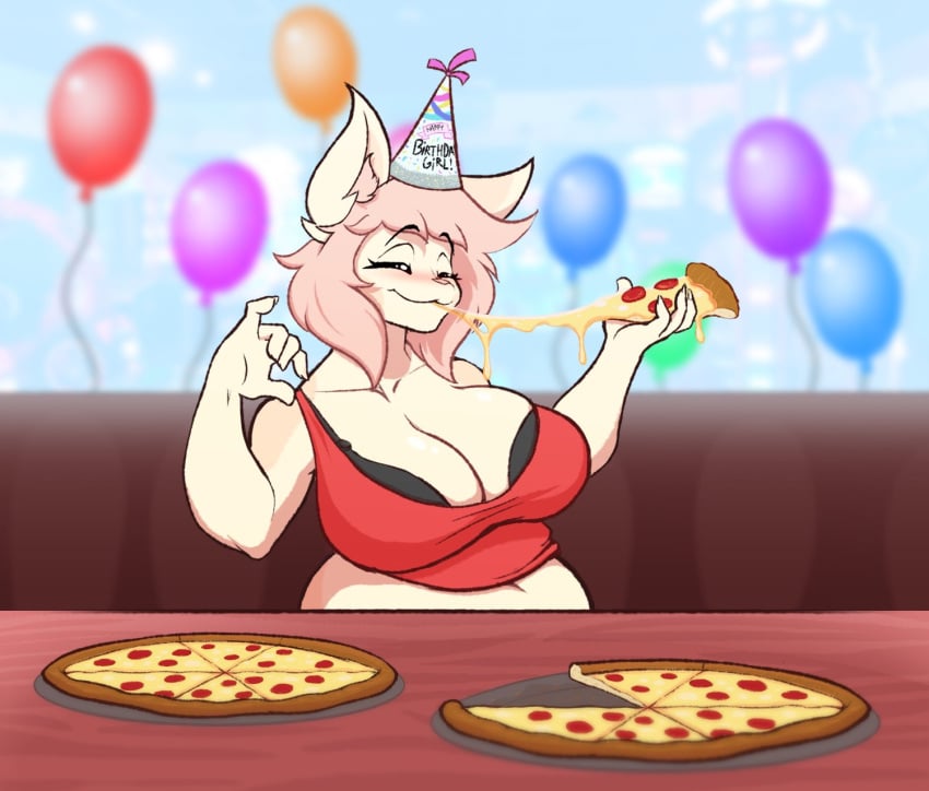 1girls big_breasts bra breasts capri clothed clothing doxxyl eating eating_pizza furry furry_female half-closed_eyes holding_food holding_pizza looking_at_viewer