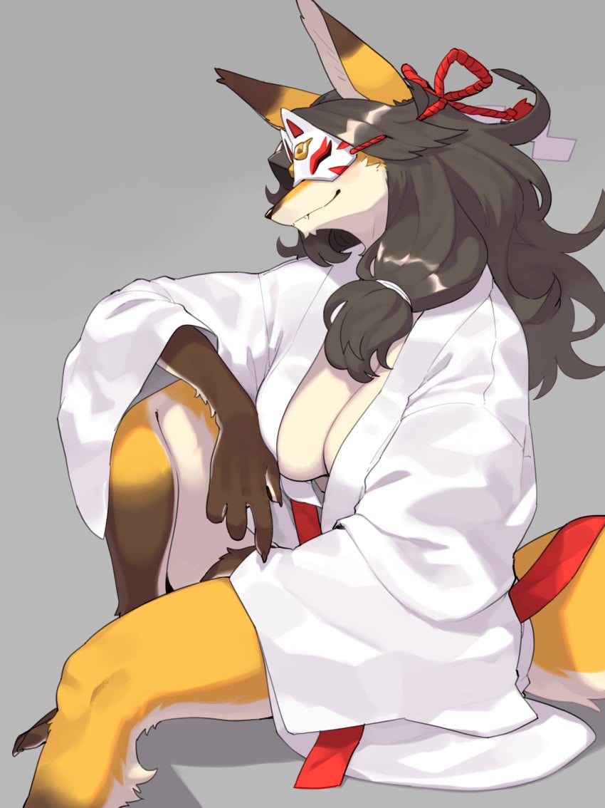 1girls bent_leg big_breasts breasts countershading fangs female female_only fox fox_ears fox_girl fur furry furry_only grey_background grey_hair hi_res inner_sideboob kame_3 kemono kimono long_hair mask masked_fox_(kame_3) open_kimono side_view sitting smile solo tail yellow_fur