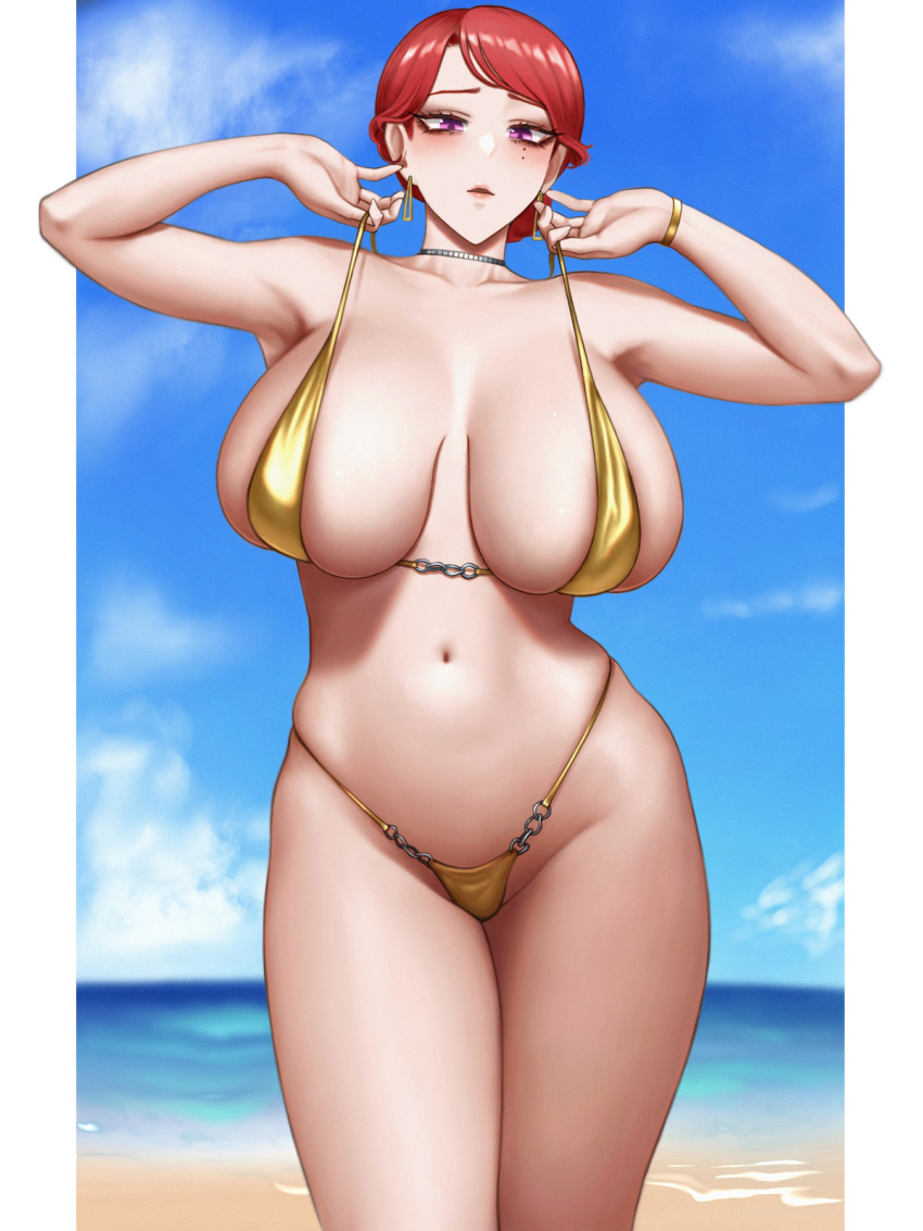 1girls big_breasts bikini bikini_bottom bikini_top breasts c-77_hongryeon cleavage earrings female female_only hair hihizaru_badass huge_breasts last_origin lips mature mature_female mature_woman milf mole mole_under_eye purple_eyes red_hair short_hair solo solo_female swimsuit swimwear thick_thighs thighs yellow_bikini