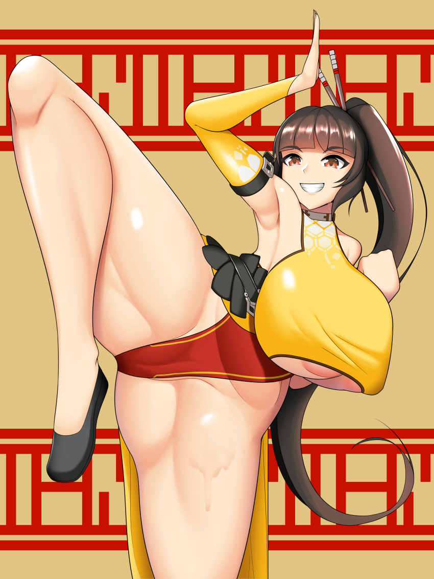 1girls alternate_version_available areolae armwear big_breasts black_hair breasts chinese_clothes female female_only footwear gloves huge_breasts last_origin nunek one_leg_up ponytail red_eyes shoes solo solo_female thick_thighs thighs tiequan_(last_origin) underboob yellow_gloves