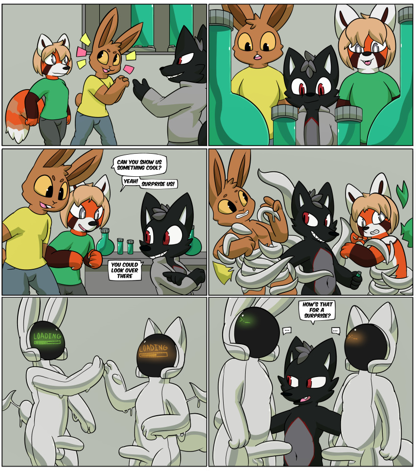 absurd_res ailurid anthro canid canine clothed clothing comic drone dronification erection erection_under_clothing fluken_(maxspec) fox fur gojo_preto group hi_res kerot lagomorph latex leporid liquid_latex male mammal rabbit red_panda rubber rubber_clothing rubber_suit screen screen_face transformation trio v0ya93r visor