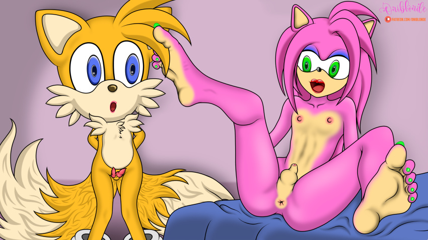 absurd_res ambiguous_gender amy_rose anthro anus balls blue_eyes canid canine colored_nails colored_toenails diphallia diphallism duo eulipotyphlan feet fox futanari genitals girly green_eyes hedgehog hi_res intersex intersex/male knot male male/male mammal micropenis multi_penis multi_tail nails oniblonde penis sega small_penis sonic_(series) sonic_the_hedgehog_(series) tails tails_the_fox teasing toenails