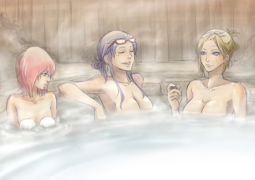 3girls age_difference bath bathing big_breasts blonde_hair breast_envy breast_size_difference cleavage completely_nude facial_scar female female_only gintama glasses glasses_on_head jealous kagura_(gintama) long_hair looking_at_breasts medium_hair mole_under_eye multiple_girls nude onsen orange_hair partially_submerged purple_eyes purple_hair sake sarutobi_ayame small_breasts smile steam tied_hair tsukuyo water