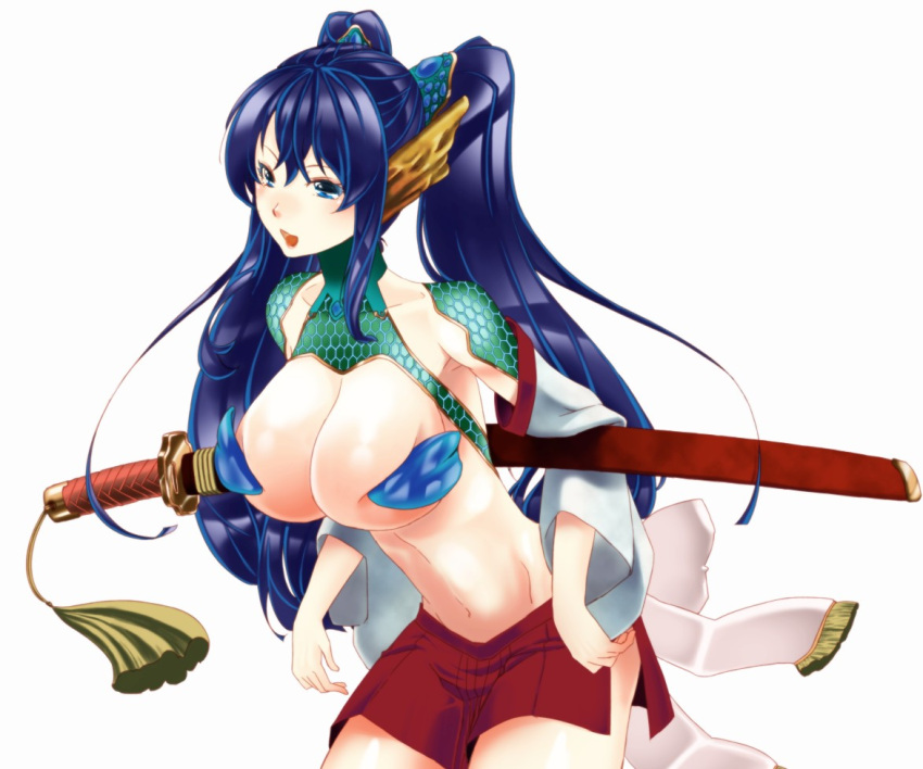 alternate_costume bare_midriff big_breasts blue_hair breast_squish cleavage covered_nipples dark_hair female female_only fish_girl genderswap_(mtf) gintama hair_ornament huge_breasts japanese_clothes katana katsura_kotarou long_hair looking_at_viewer matsuee_(fiance_sensha) miniskirt open_mouth rule_63 scales side_slit smile solo sword twintails weapon